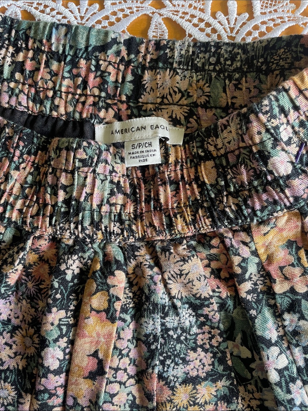 American EagleFloral Smocked Waist Mini Skirt - Black with Pink & Green Flowers